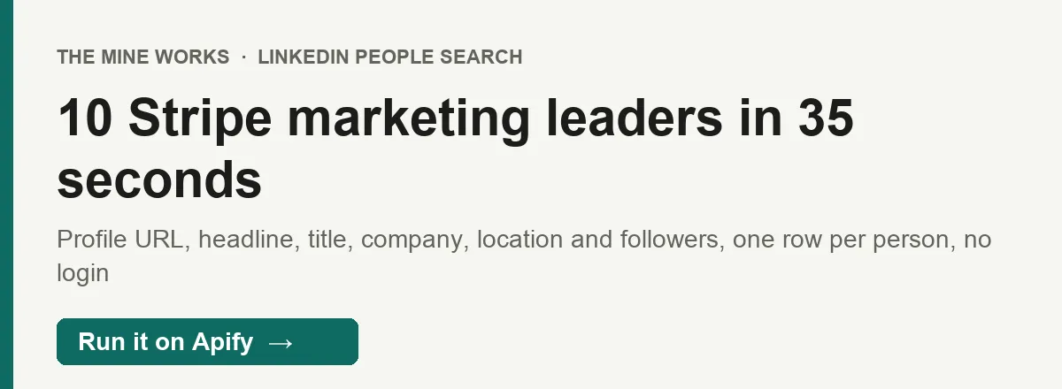 10 Stripe marketing leaders with headline, title, company and followers in 35 seconds