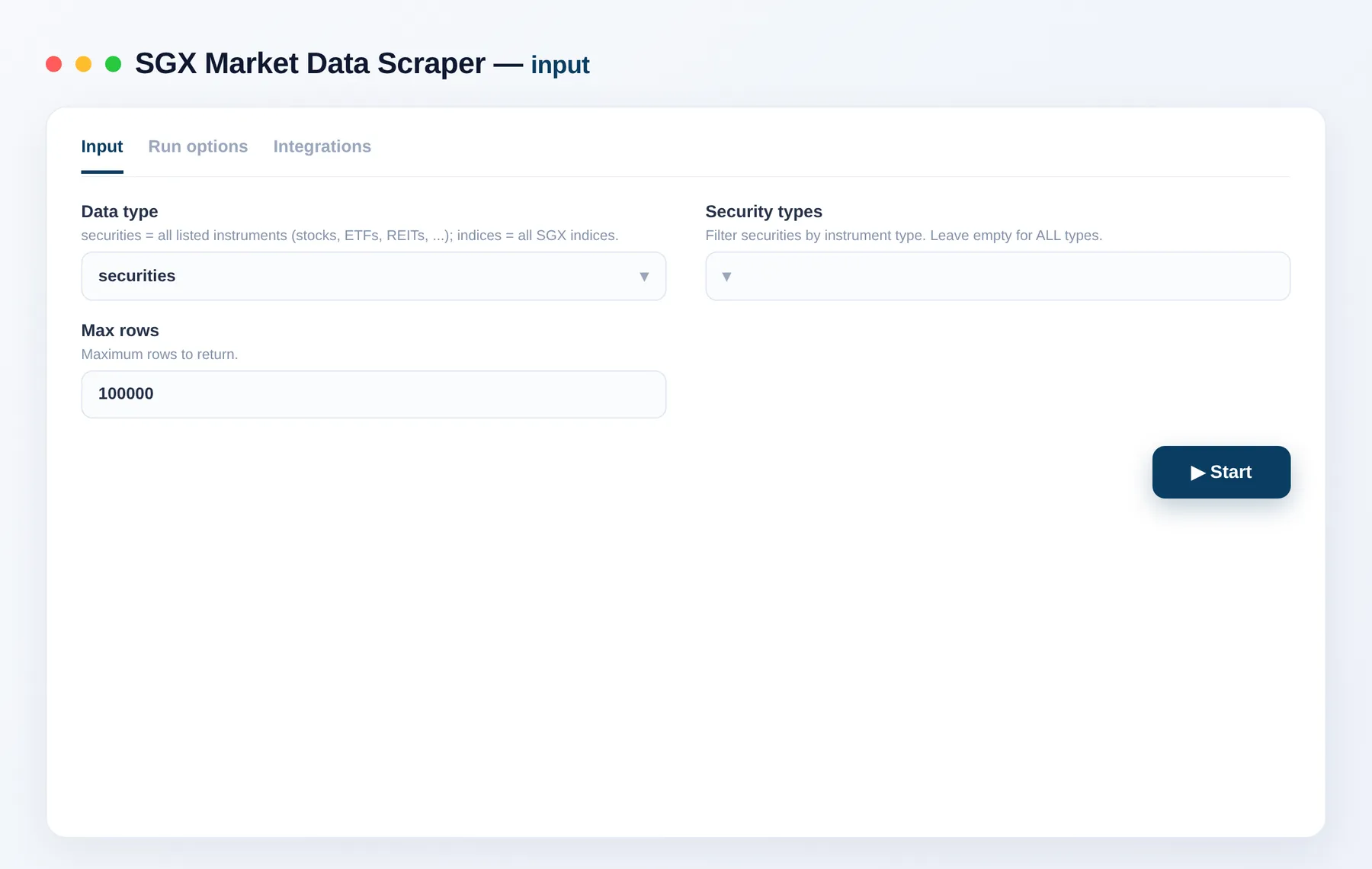 SGX Market Data Scraper input — pick securities or indices and filter by instrument type in the Apify Console