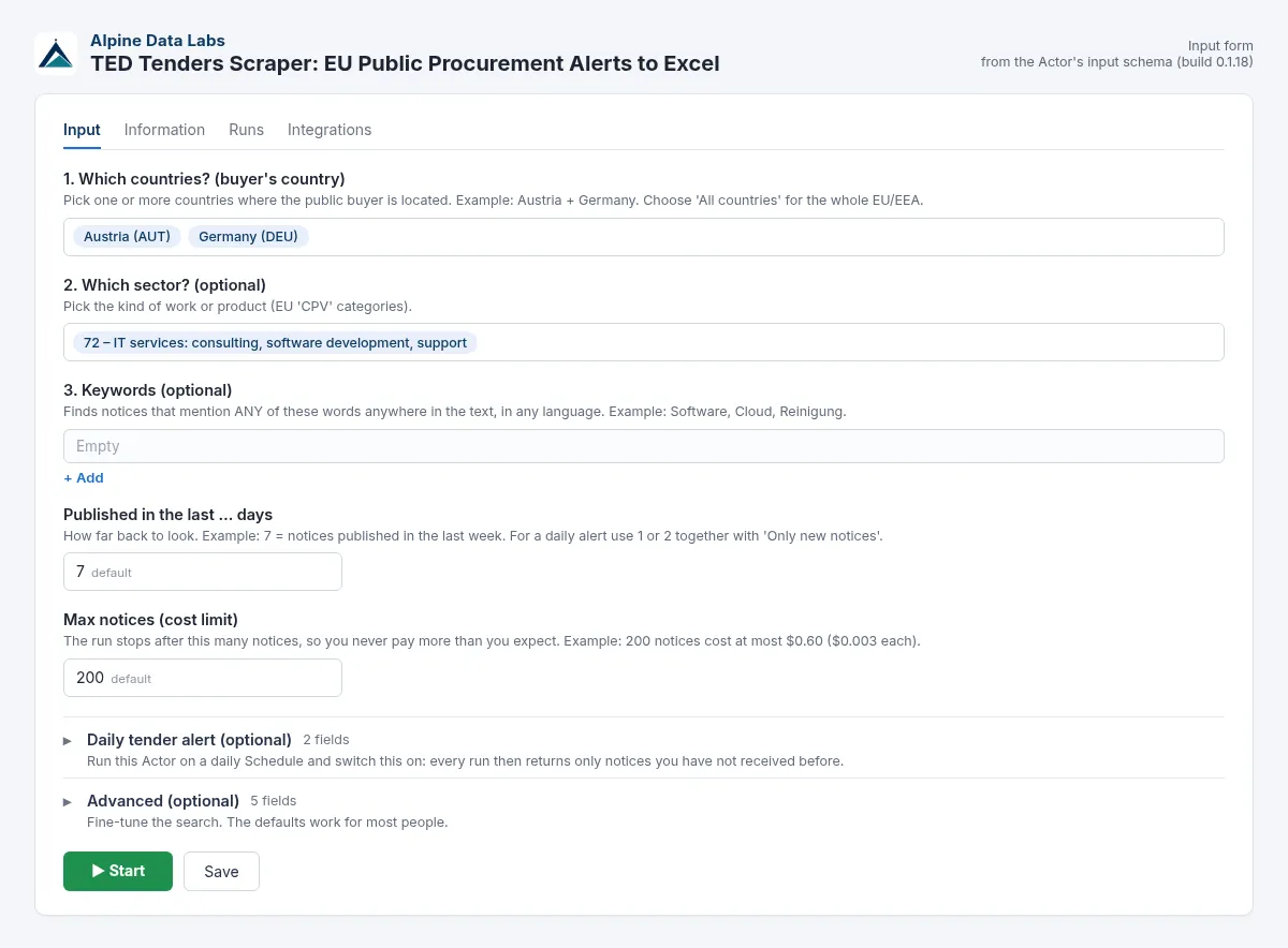 TED tenders scraper input form: EU public procurement search by country and sector