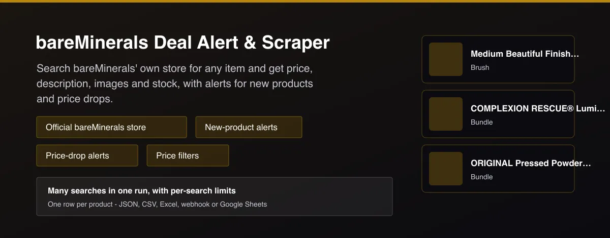 bareMinerals Deal Alert & Scraper - product listings with price, stock and new-product alerts