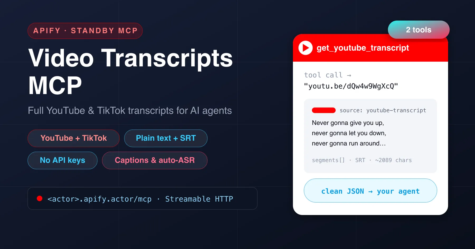 Video Transcripts MCP Server — a hosted Model Context Protocol server with get_youtube_transcript and get_tiktok_transcript tools