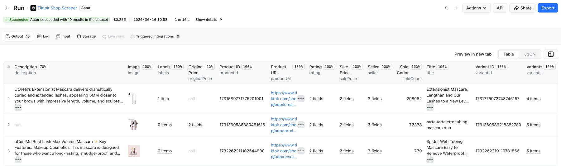 TikTok Shop Scraper output example