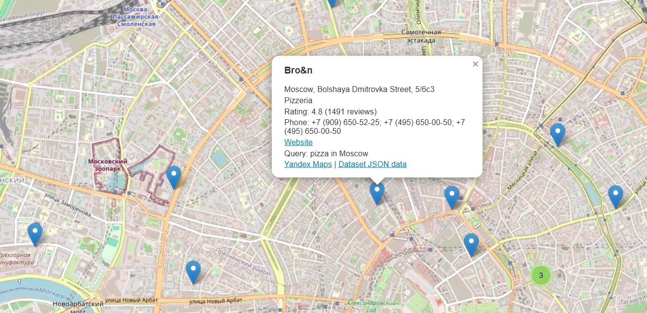 Yandex Maps results preview