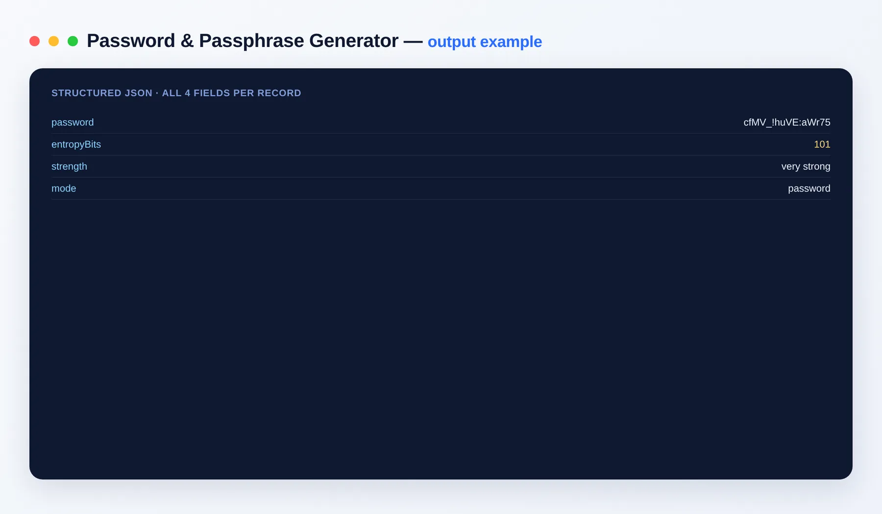 Password & Passphrase Generator output — the results as a clean dataset