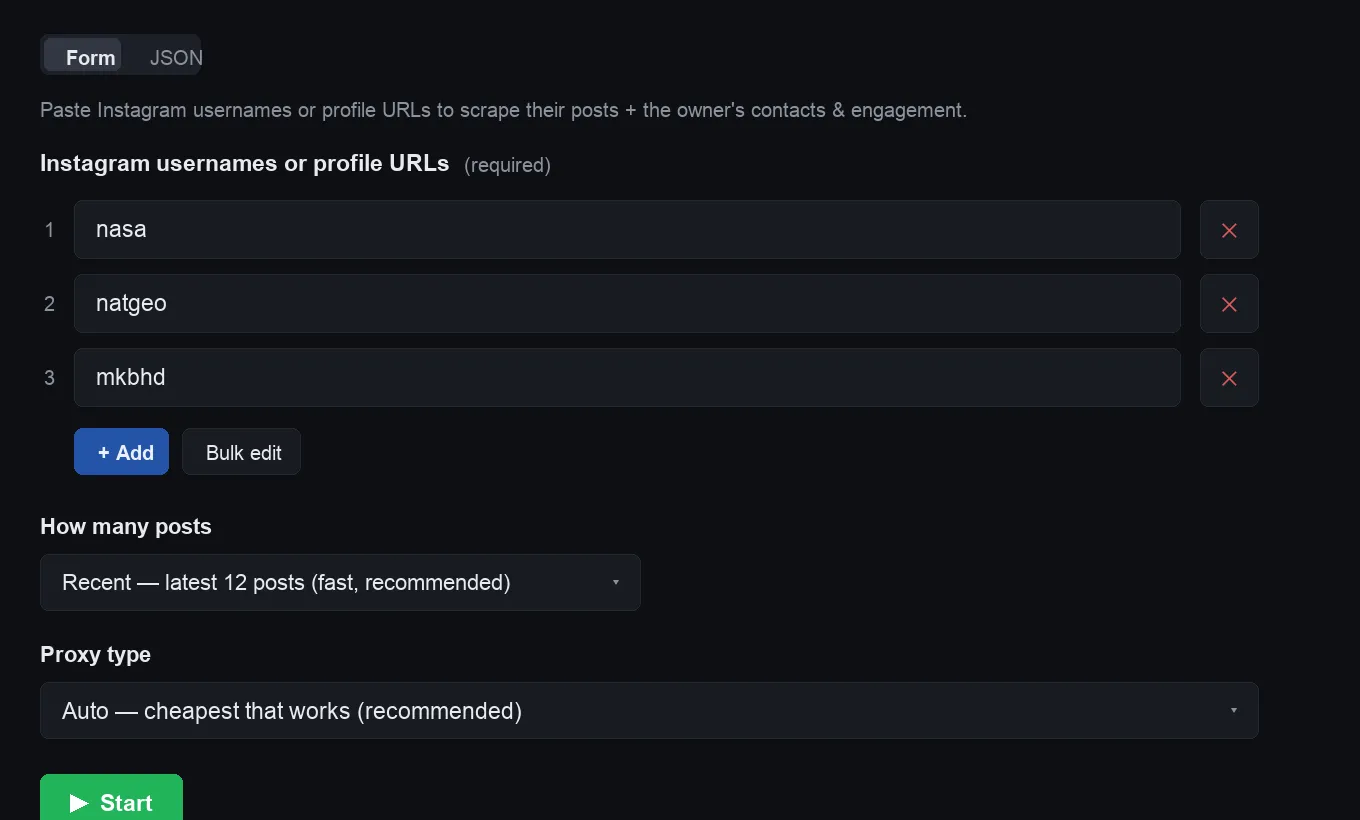Input: paste Instagram usernames or profile URLs