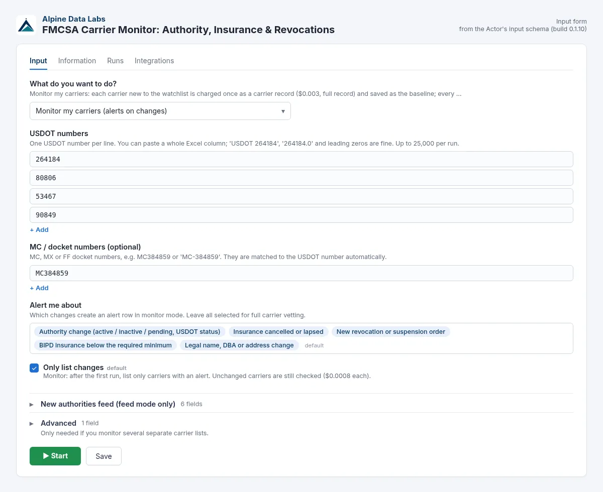 FMCSA carrier monitoring input form: USDOT and MC numbers, alert types and monitor mode