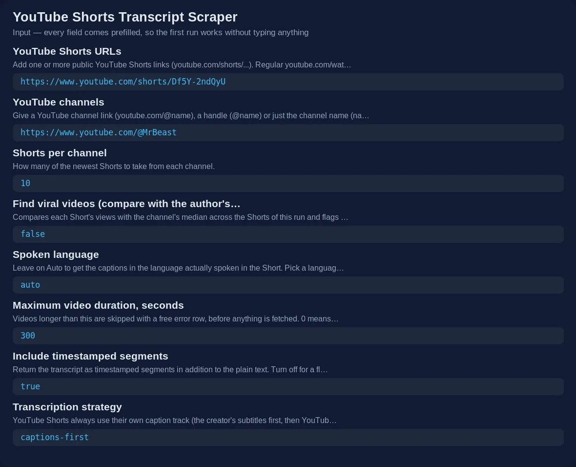 YouTube Shorts Transcript Scraper input form: YouTube Shorts URLs, YouTube channels, Shorts per channel and spoken language