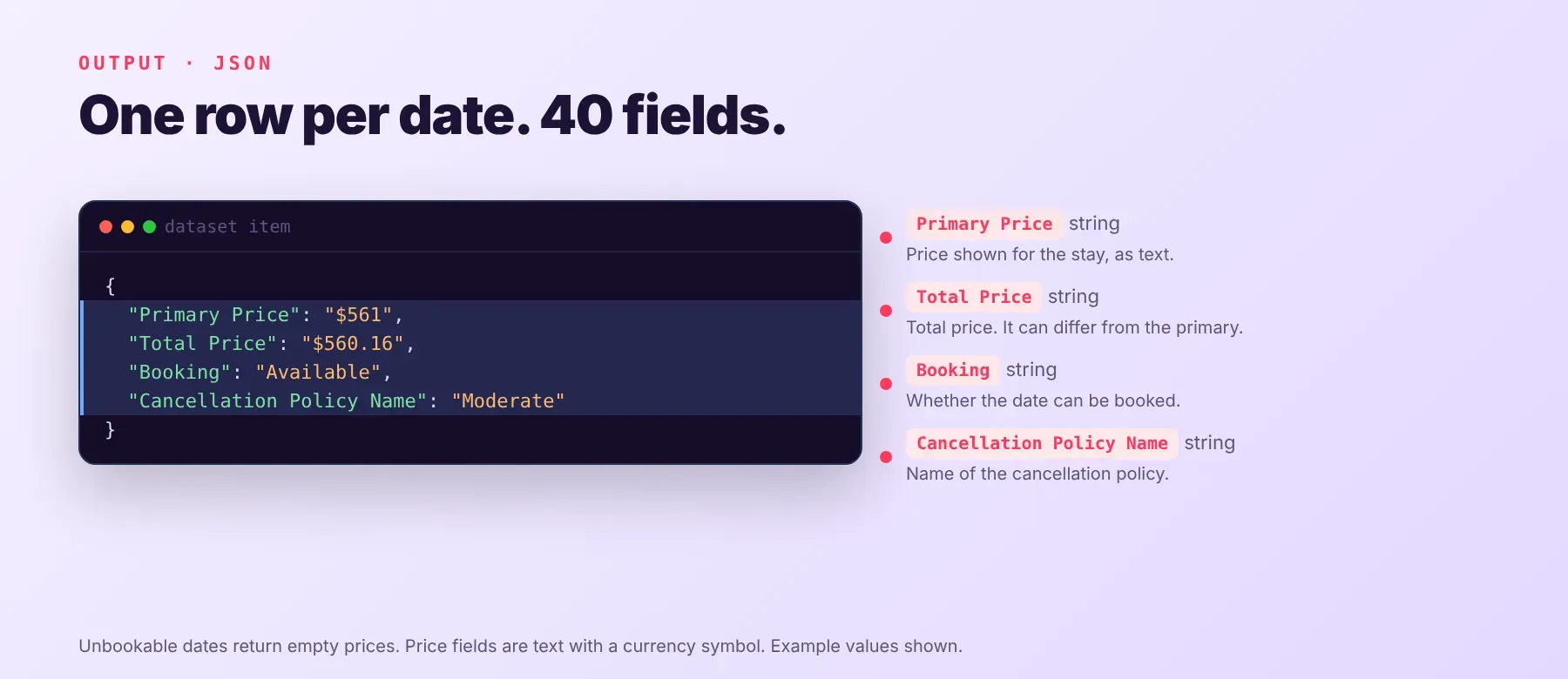 Airbnb Full Year Price Tracker Scraper output fields: Primary Price, Total Price, Booking and Cancellation Policy Name
