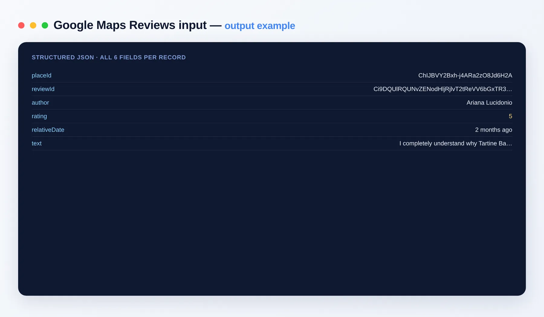 Google Maps Reviews output example — review rows with author, rating and text as structured JSON