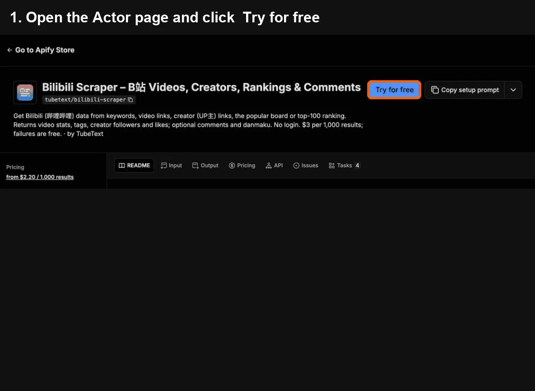 Bilibili Scraper quick start: click Try for free, paste your input, click Start, export to Excel