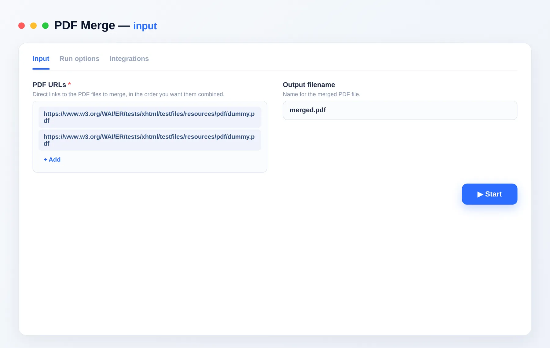 PDF Merge input — configure the options in the Apify Console