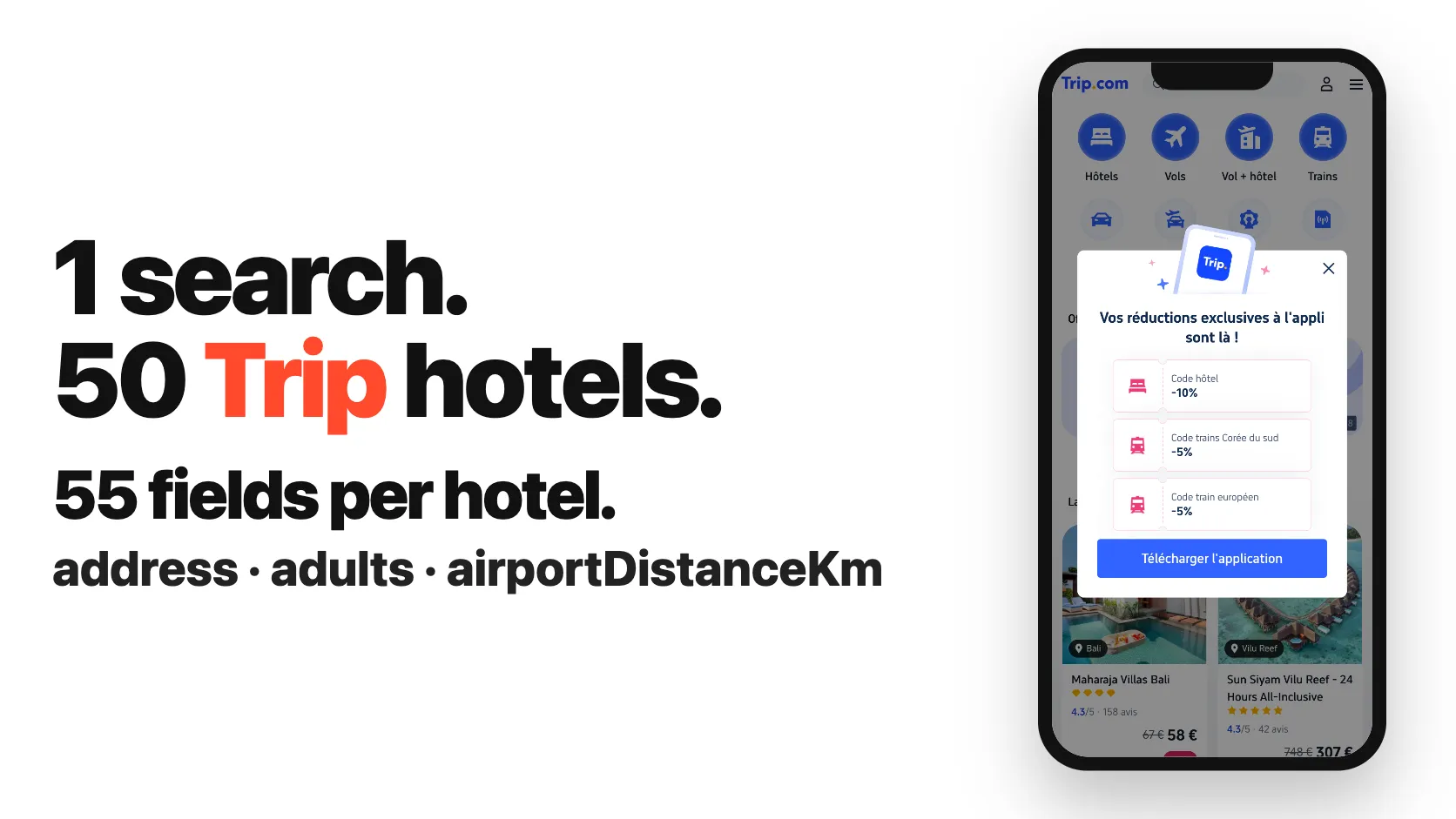 1 search. 50 Trip hotels. 55 fields per hotel.