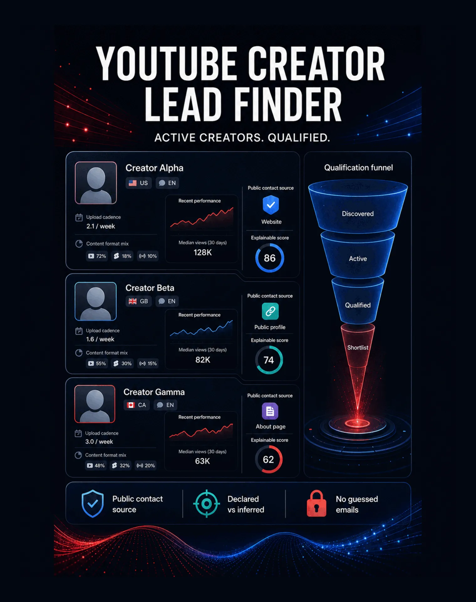 Find active YouTube creators with recent performance, public contact provenance, and explainable scores