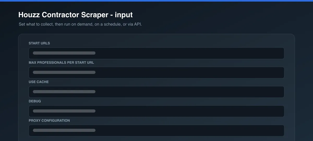 Houzz Contractor Scraper input options