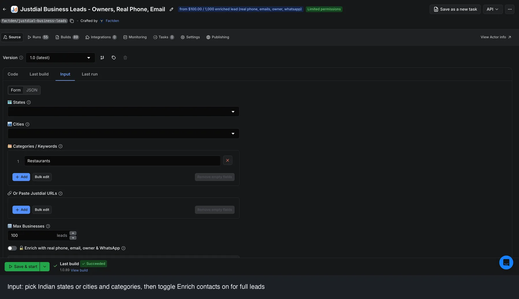 Justdial Business Leads Scraper input form: pick Indian states or cities and business categories, then the Enrich contacts toggle