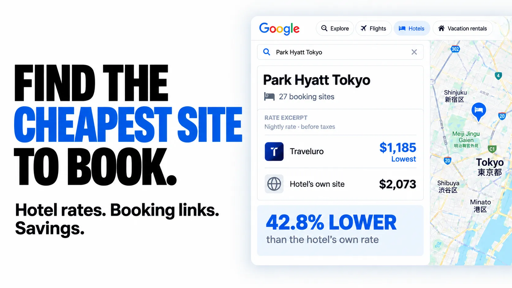 Find the cheapest site to book. Hotel rates. Booking links. Savings.