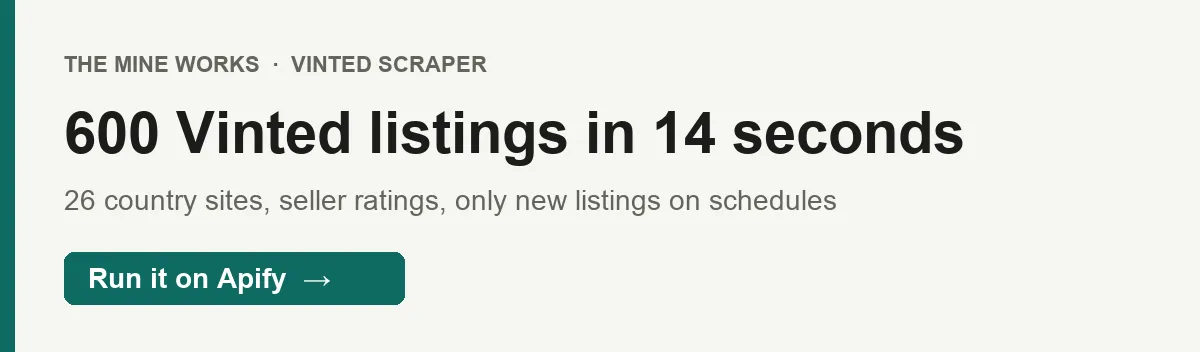 600 Vinted listings in 14 seconds from 3 country sites, with price, size, condition and seller
