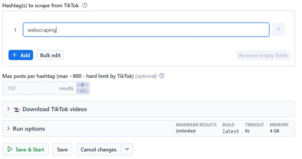 TikTok Hashtag Scraper input