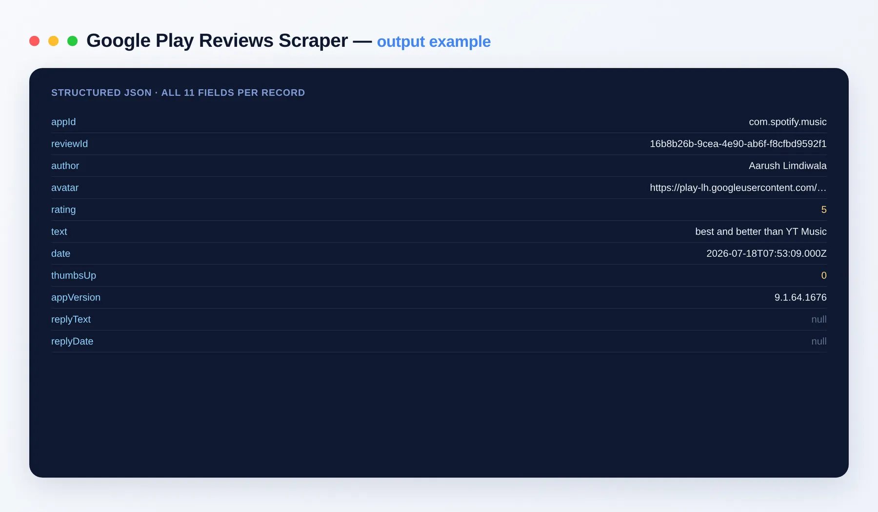 Google Play Reviews Scraper output example — one review per row with author, rating, text and developer reply as structured JSON