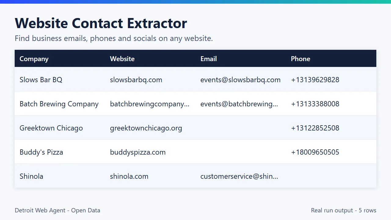 Website Contact Extractor output preview: real run results as a table