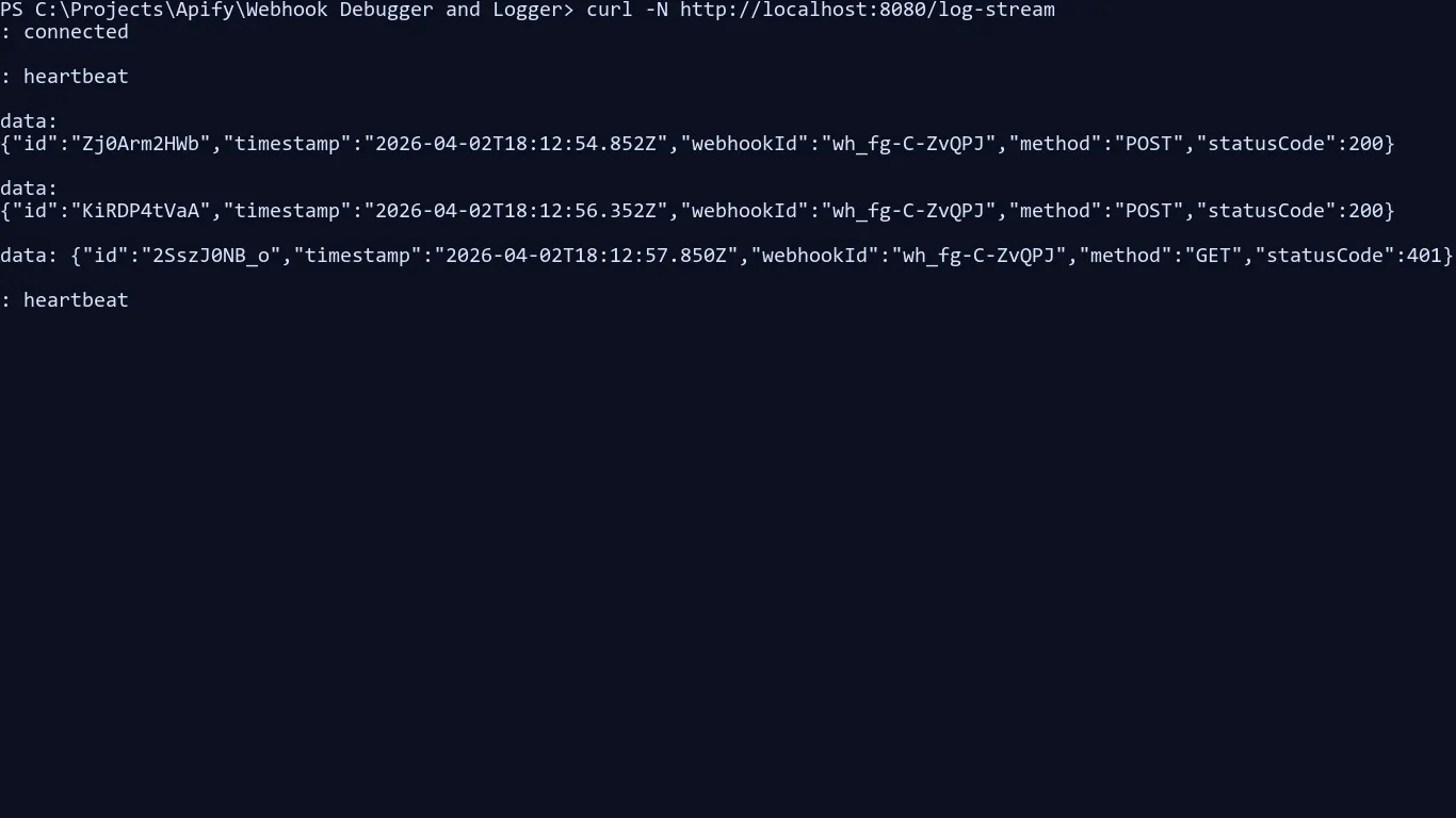 Terminal output of SSE stream with heartbeat and live captured events