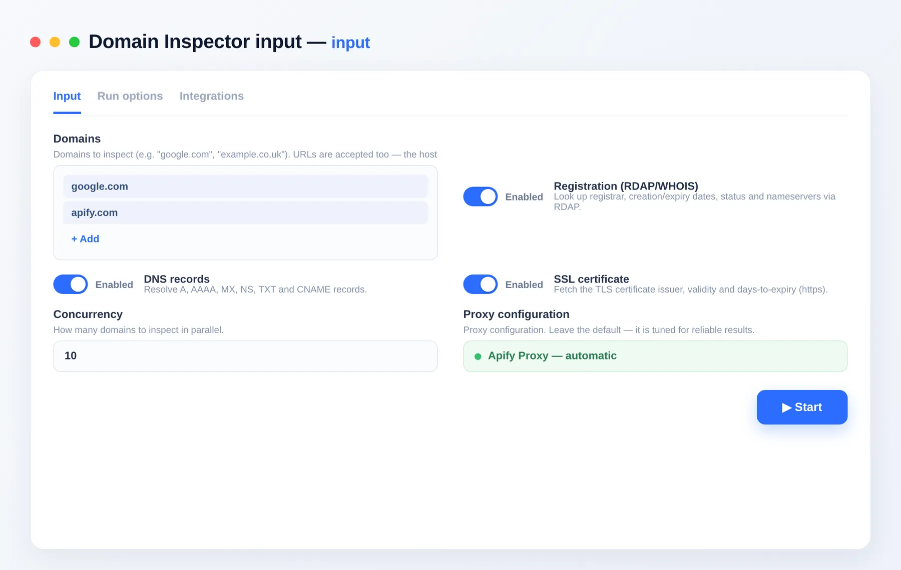 Domain Inspector input — domain list with RDAP, DNS and SSL toggles in the Apify Console