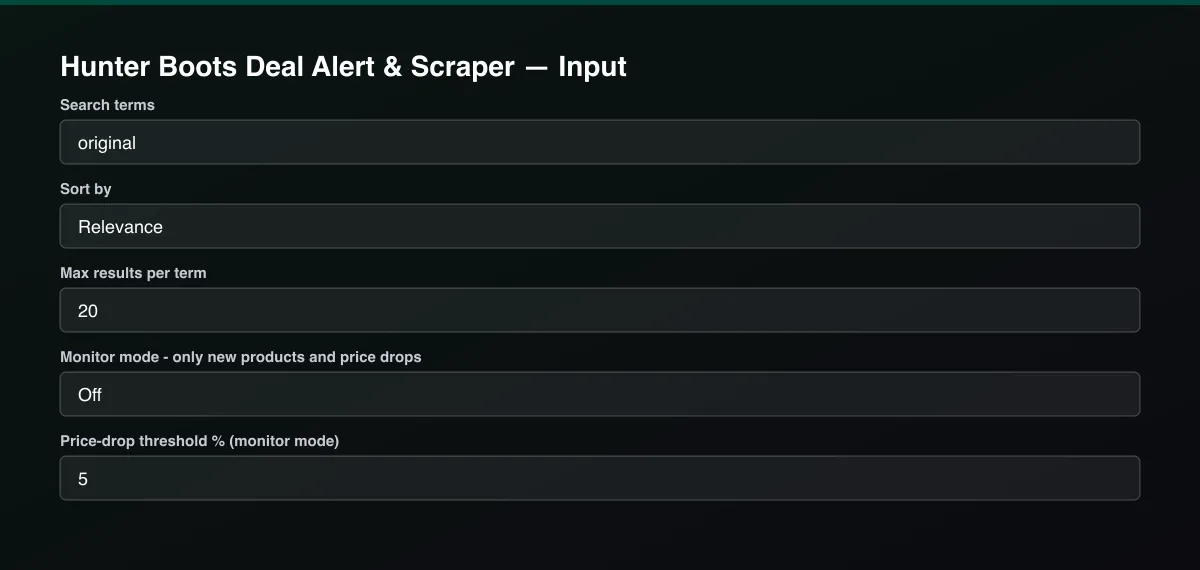 Hunter Boots Deal Alert & Scraper input form