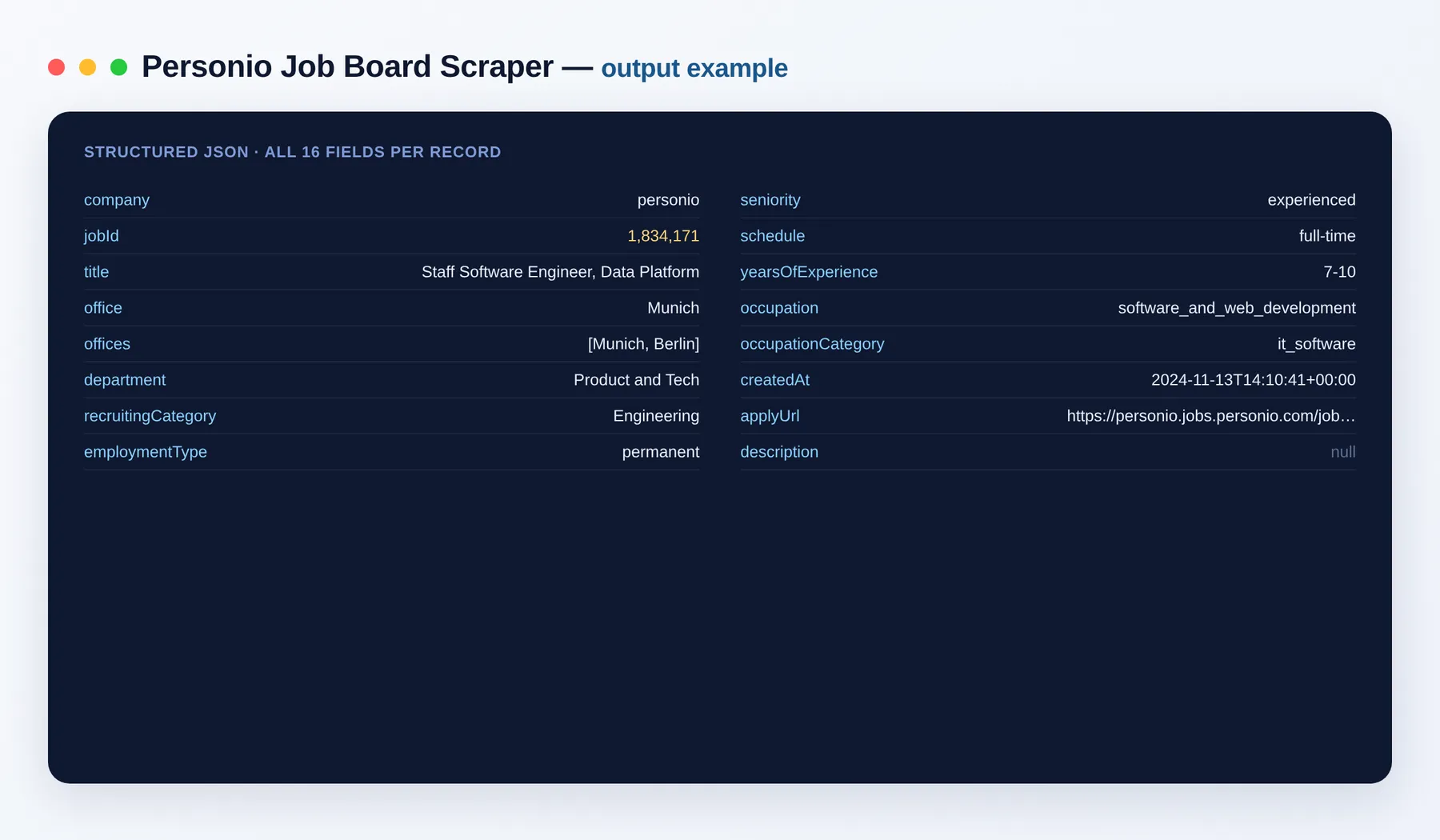 Personio Job Scraper output example — job listings as structured JSON