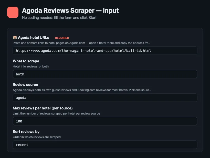 Agoda Reviews Scraper input form on Apify