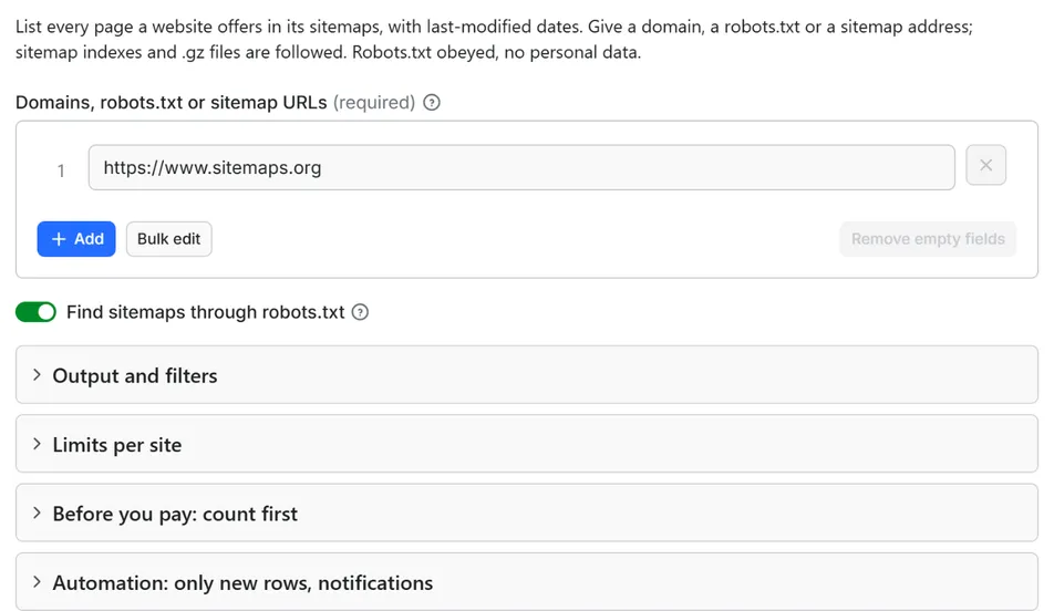 Input form of Sitemap URL Extractor: Every Page with Last-Modified Dates