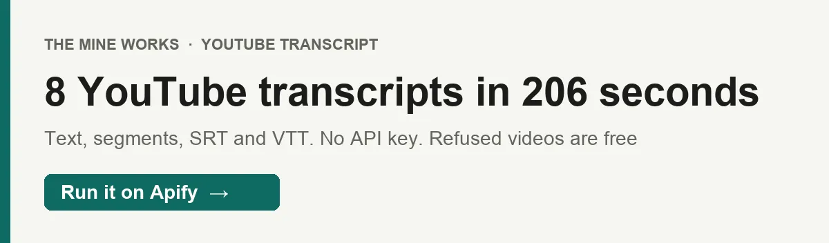 8 YouTube transcripts in 206 seconds on residential proxy