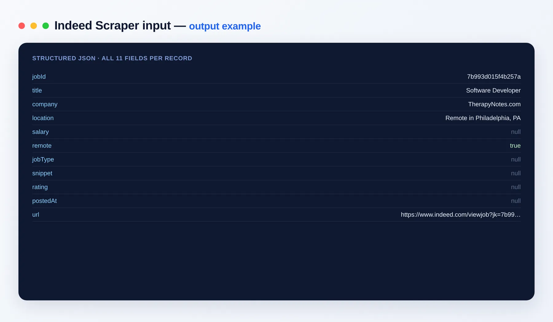 Indeed Scraper output example — one job per row with title, company, salary and apply link as structured JSON