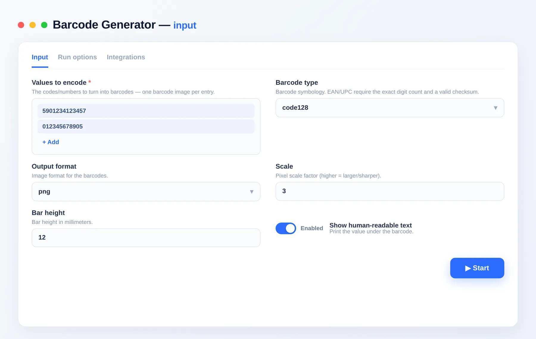 Barcode Generator input — configure the options in the Apify Console