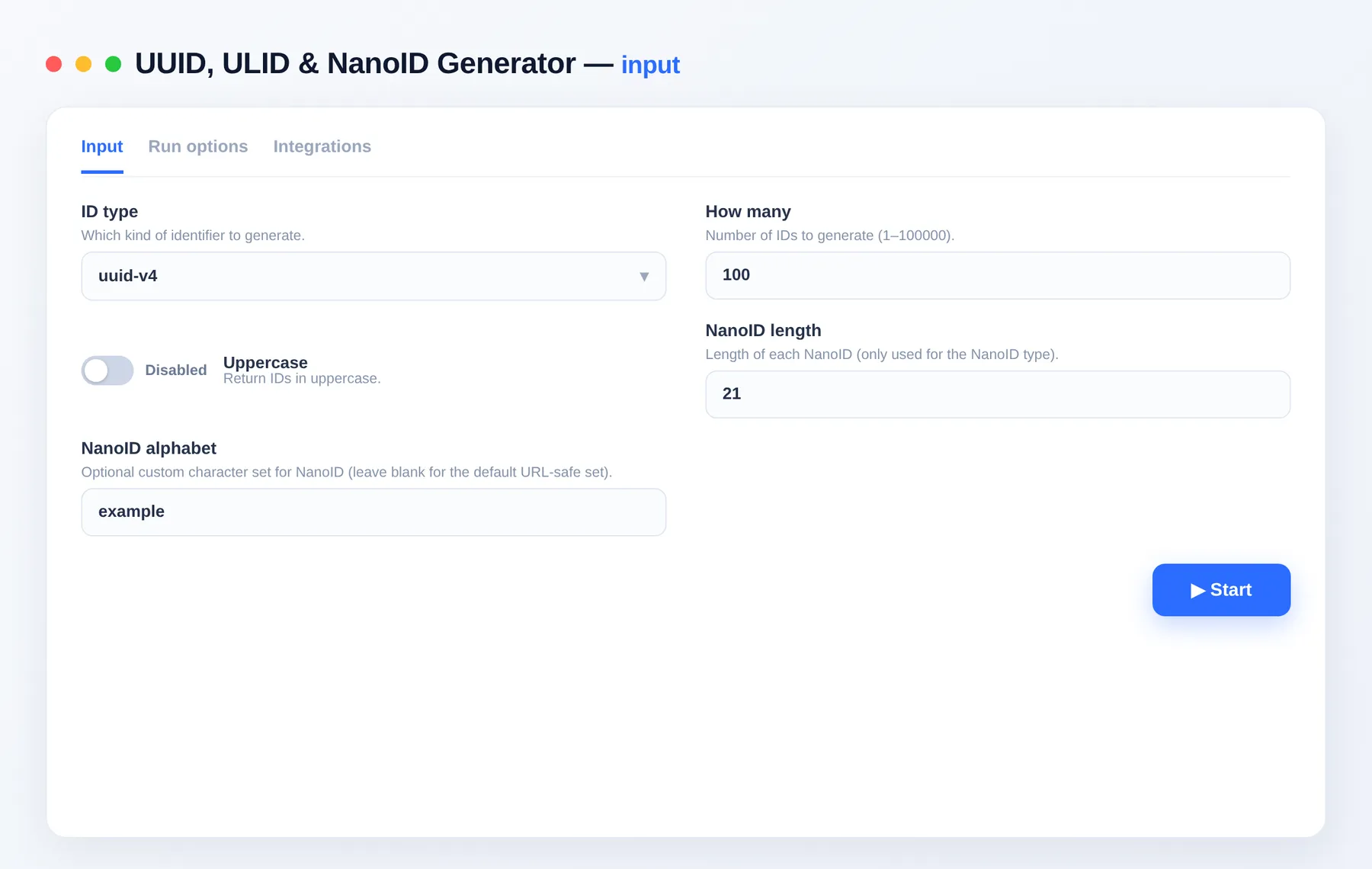 UUID, ULID & NanoID Generator input — configure the options in the Apify Console