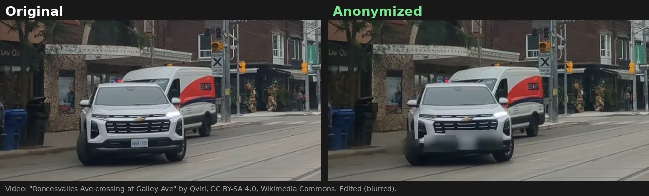 Before and after: license plate blurred in a street video