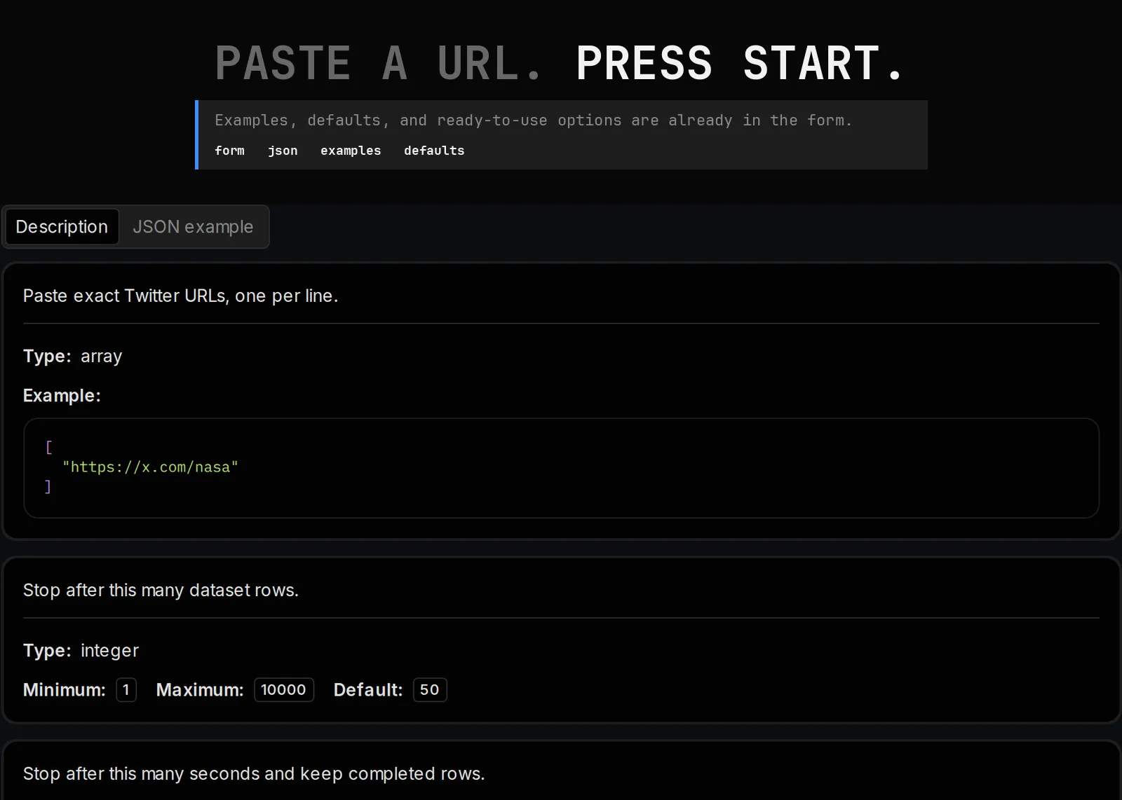Twitter Data Export Scraper source page and returned record