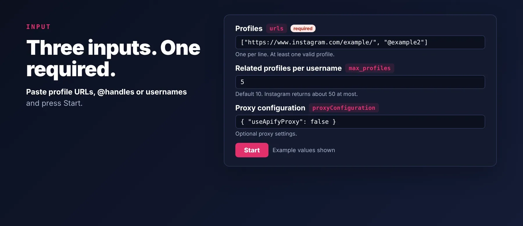 Instagram Related Person Scraper input fields: urls, max_profiles and proxyConfiguration