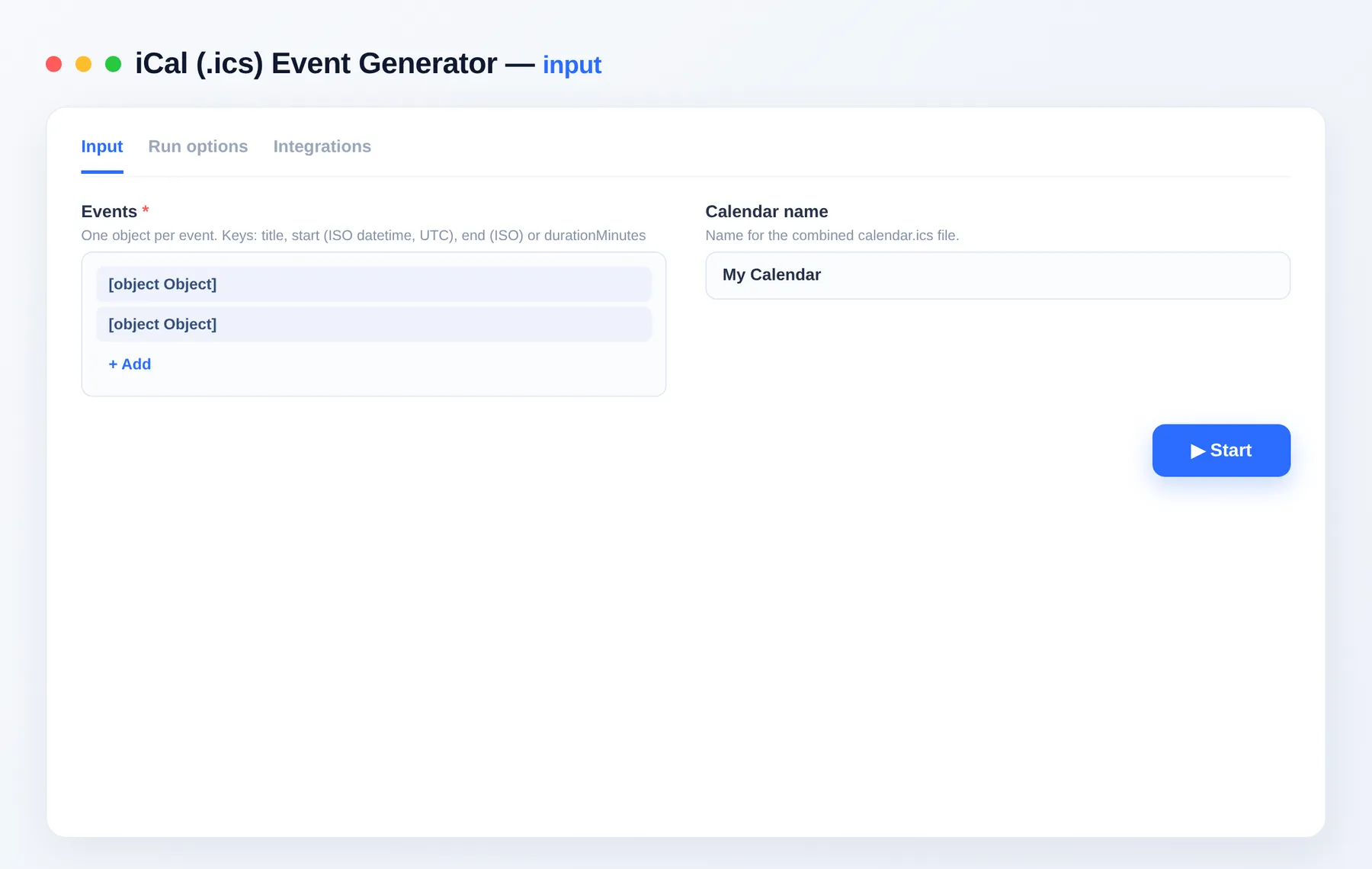 iCal (.ics) Event Generator input — configure the options in the Apify Console