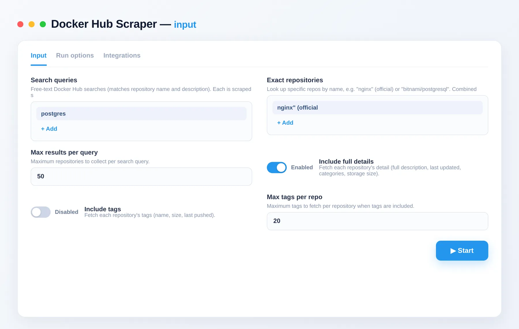 Docker Hub Scraper input — search queries, repositories and detail toggles in the Apify Console