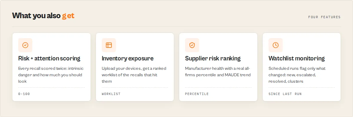 What you also get: risk + attention scoring, inventory exposure, supplier risk ranking, watchlist monitoring