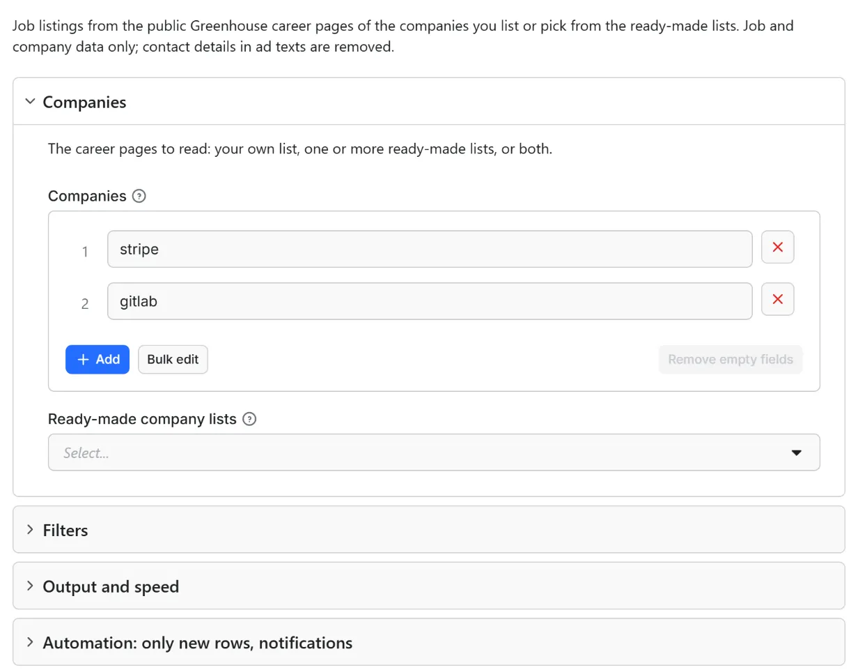 Input form of Greenhouse Jobs Scraper – Job Listings by Company Board