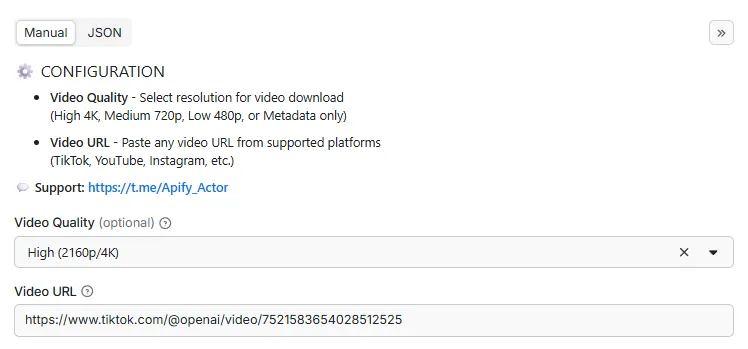 TikTok Video Downloader Input Configuration - TikTok video URL input with quality selection options including 4K, HD, SD, and metadata-only extraction for comprehensive video processing
