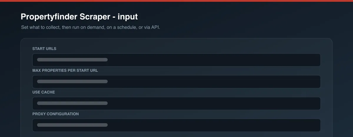 Propertyfinder Scraper input options