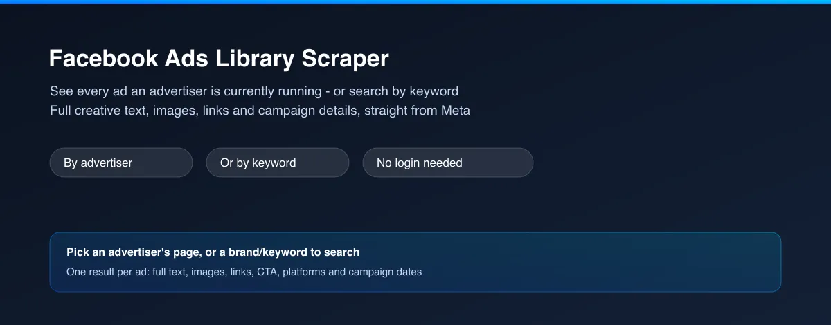 Facebook Ads Library Scraper — see every ad an advertiser is running, or search by keyword, with full creative details