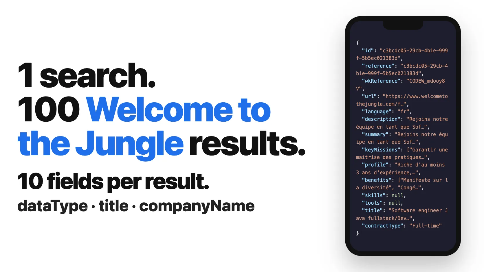 1 search. 100 Welcome to the Jungle results. 10 fields per result.