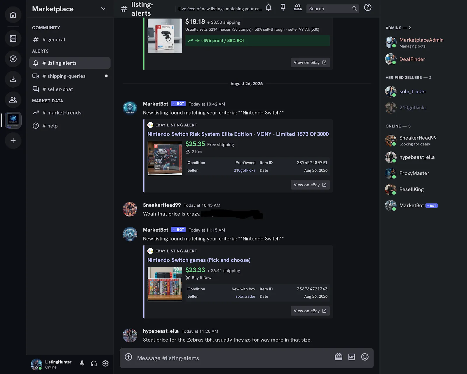 eBay deal-alert Discord bot powered by this actor — MarketBot posts a listing at $18.18 + $3.50 shipping with a verdict line "Usually sells $214 median (30 comps) · 58% sell-through · seller 99.7% (530)" and a green "~$96 profit / 88% ROI" bar, plus a View on eBay button, in a #listing-alerts channel for a reseller community