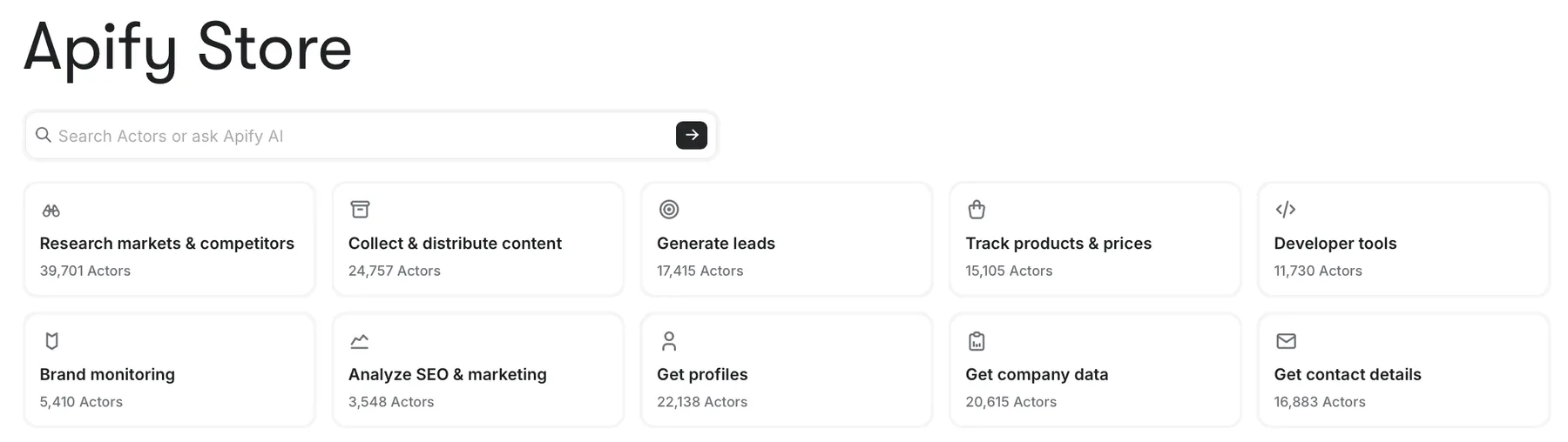 Apify Store category tiles, including Generate leads, Track products & prices, and Brand monitoring, with Actor counts.