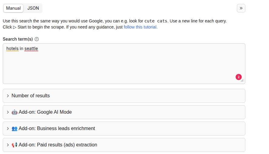 Google Search Results Scraper input