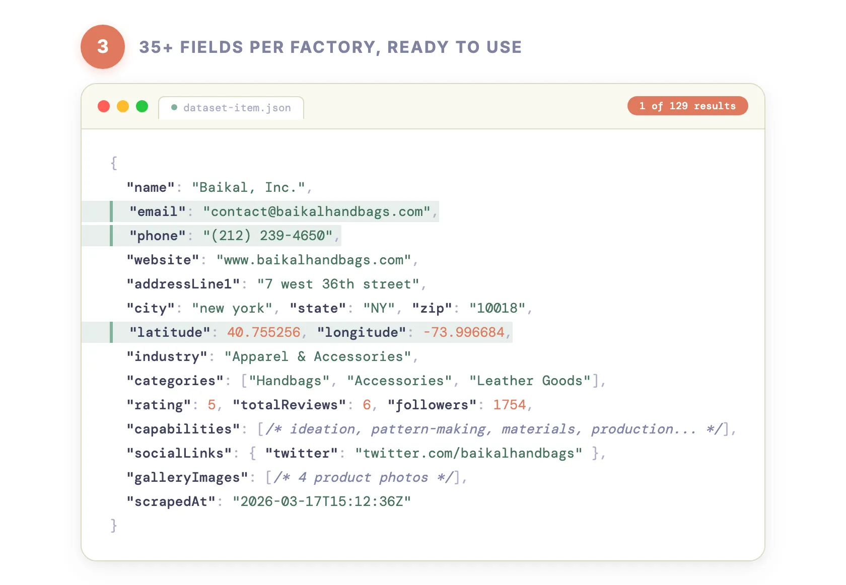 Step 3 — 35+ fields per factory, ready to use