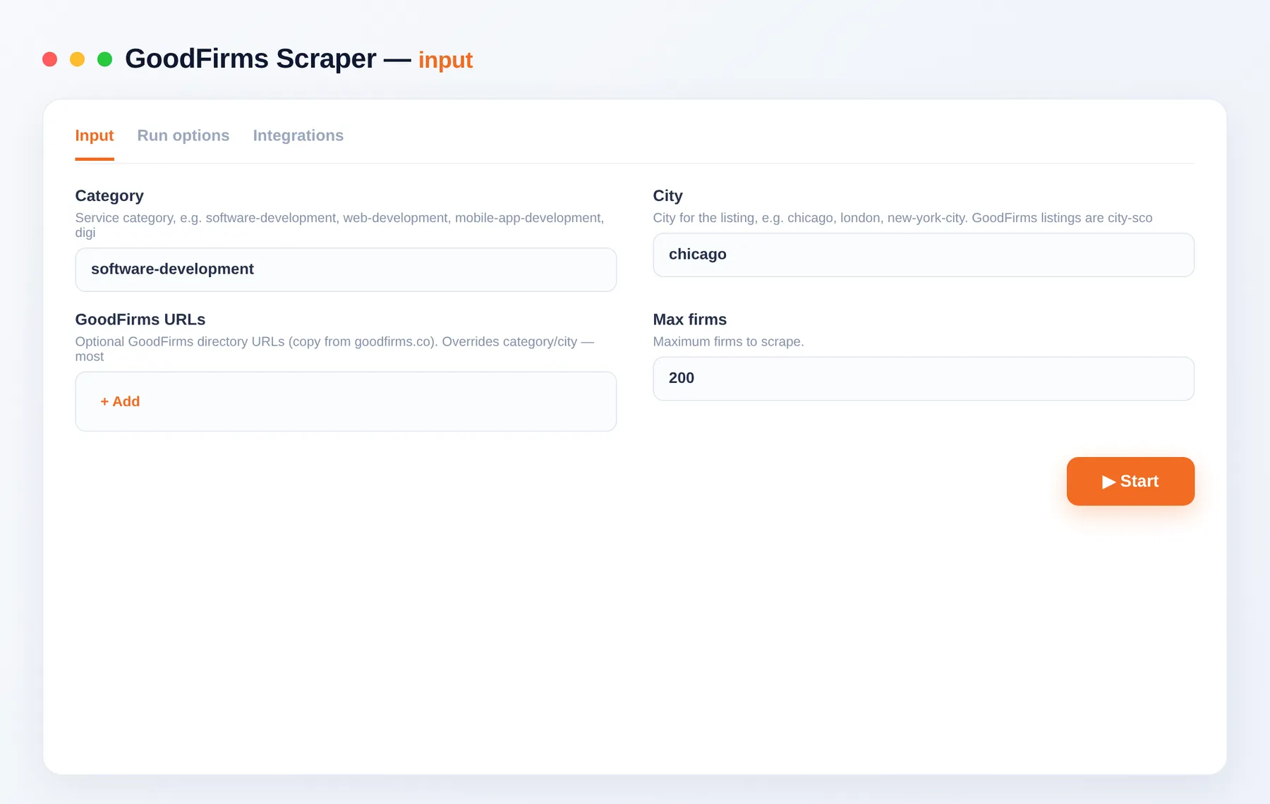 GoodFirms Scraper input — category, city and startUrls in the Apify Console